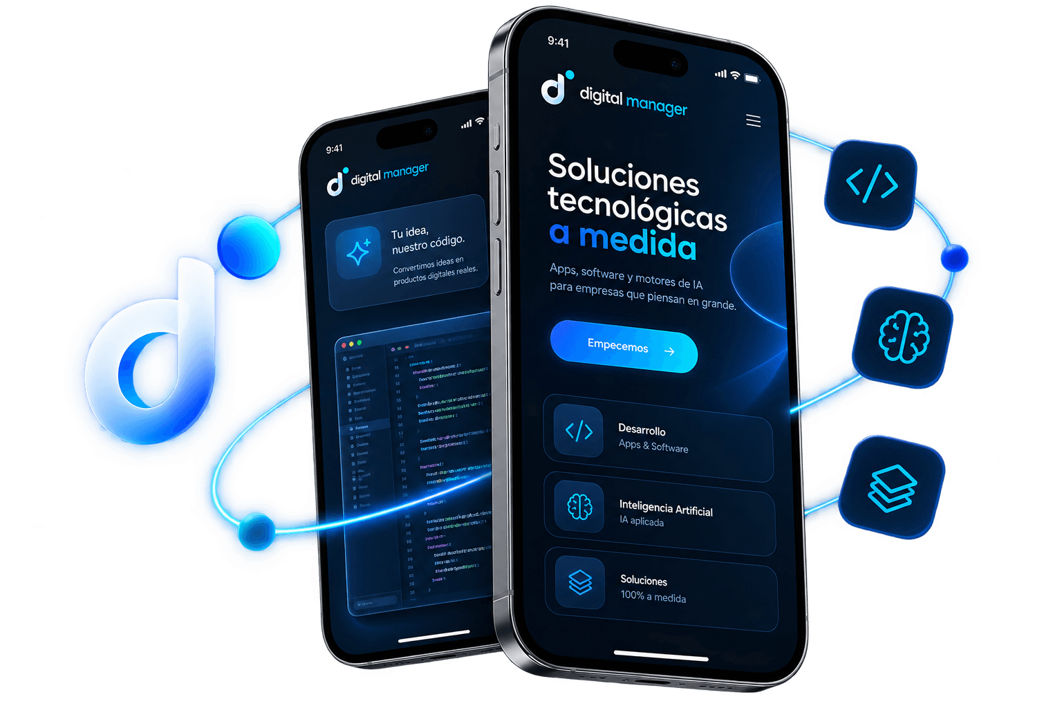 App de Digital Manager en dos teléfonos: soluciones tecnológicas a medida — desarrollo de apps y software, inteligencia artificial aplicada — junto al editor de código del proyecto