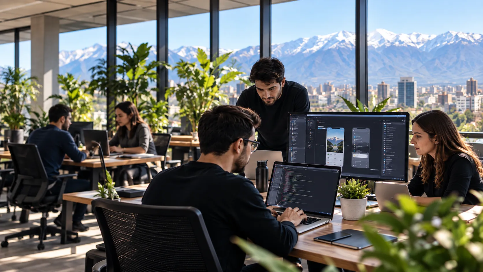 Equipo de Digital Manager programando con vista a la cordillera de los Andes