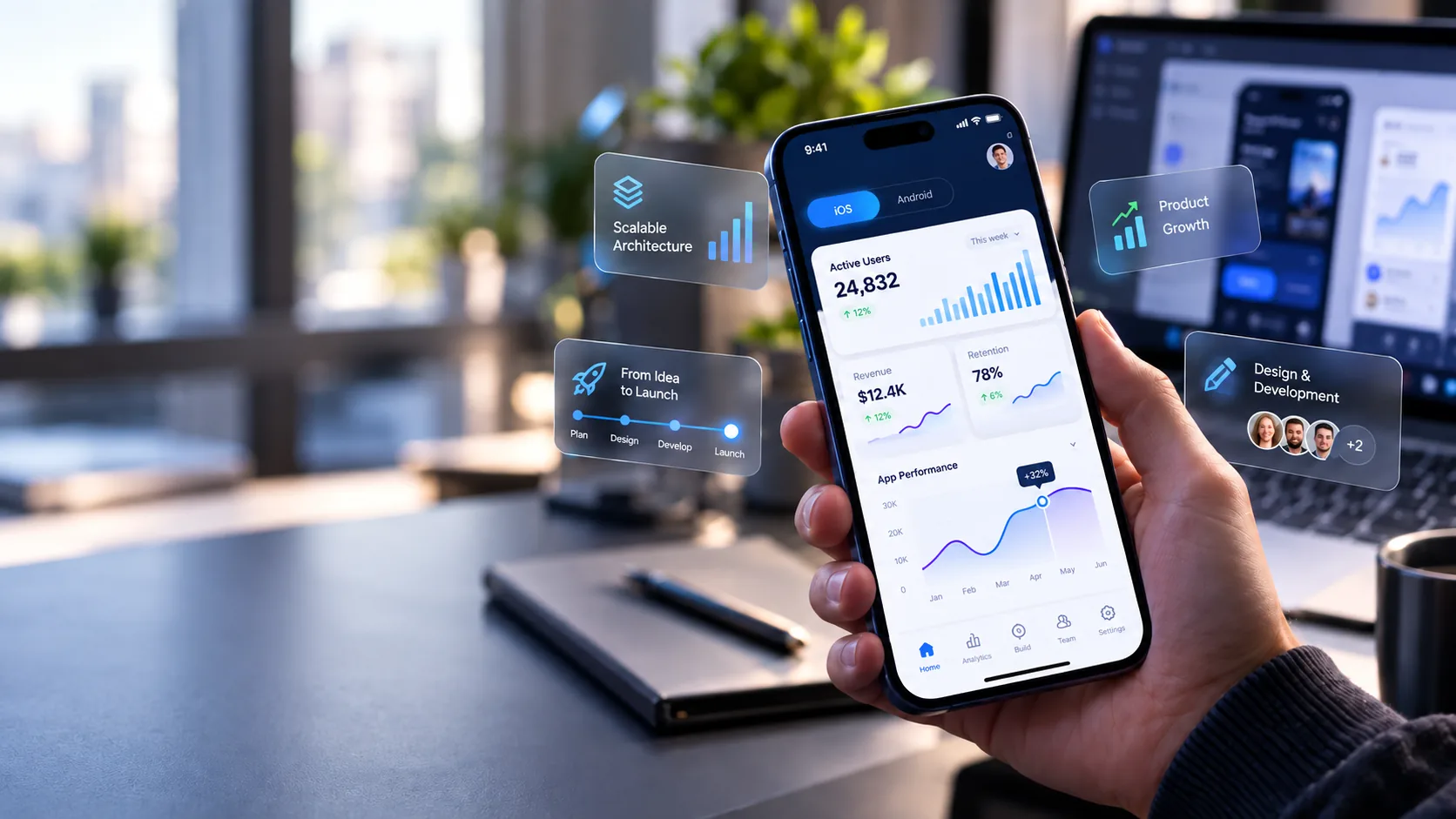 Mano sosteniendo un teléfono con el panel de analítica de una app iOS y Android