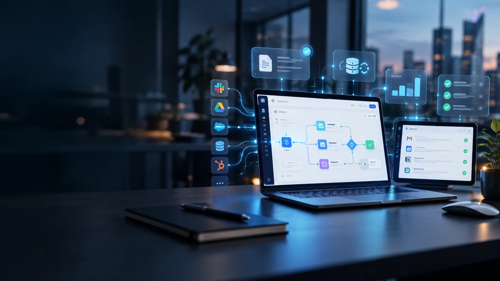 Oficina nocturna con un flujo automatizado que conecta las herramientas de la empresa