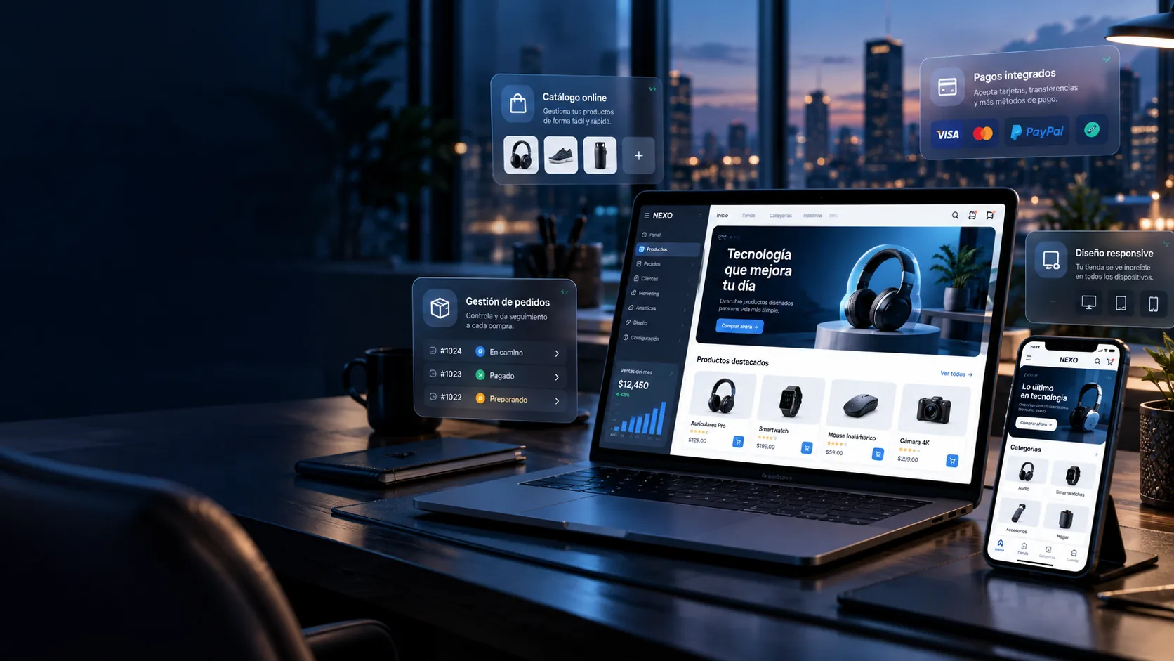 Tienda online en portátil y teléfono con catálogo, pagos integrados, gestión de pedidos y diseño responsive